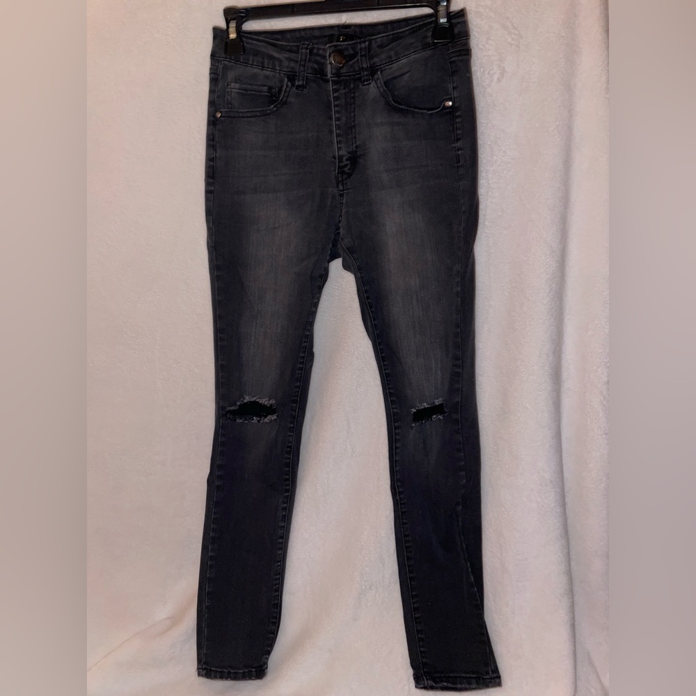 High waisted black ripped knees jeans